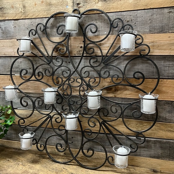 Decorative Black Wrought Iron Candle Holder Wall Decor with Votive Candles - Picture 6 of 7